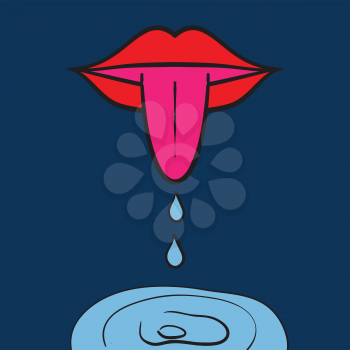 Retro Print Women mouth open with tongue Out saliva dribbles on blue background and place for text. Copyspace