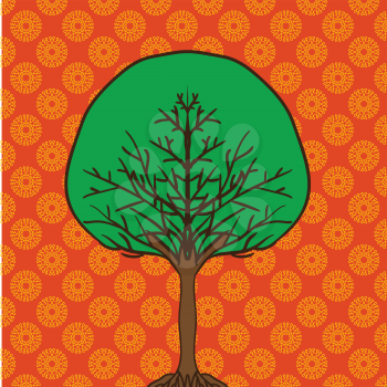 flat cartoon style tree icon on ornamental background can be used like design element.