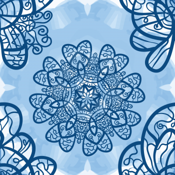 Seamless mandala-like elegant ornate pattern on blue symmetrical watercolor texture, indian, ottoman, asian motifs.