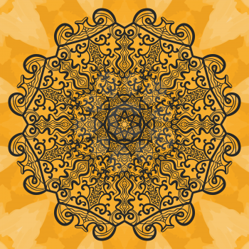 Mandala-like open-work on seamless texture. Hand-drawn new-age pattern round lace pattern. Abstract vector tribal ethnic yoga yantra background seamless tile on henna color watercolor background.