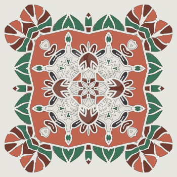 Oriental four-corner mandala print. Round lase pattern on the black background, like snowflake or mehndi paint full of bright color. Native art concept backgrounds. Handmade carpet ornament.