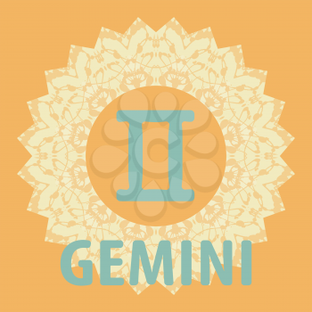Gemini. The Twins. Zodiac icon with mandala print. Vector icon.