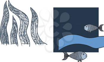 Print with two cartoon fishes and blank banner on blue color background.