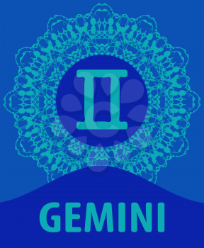 Gemini. The Twins. Zodiac icon with mandala print. Vector illustration.