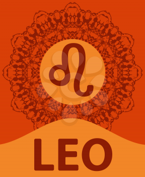 Leo. The Lion. Zodiac icon with mandala print. Vector illustration.