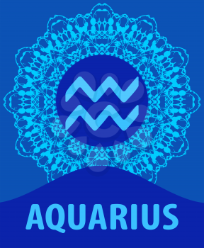 Aquarius. The Water Bearer. Zodiac icon with mandala print. Vector illustration.