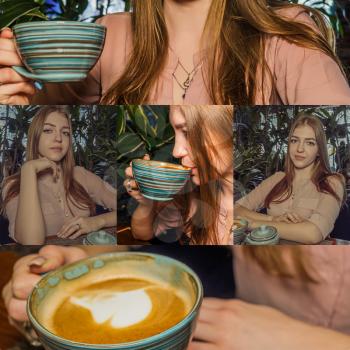 Nice lady blond hair drinking from cup of coffee in hands. Collage Set f Images.