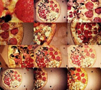 Different pizzas delivered in one set, top view, shot in open cardboard pack.