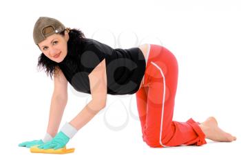 The woman washes a floor isolated on white background