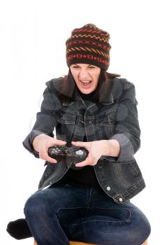 Royalty Free Photo of a Woman Holding a Joystick