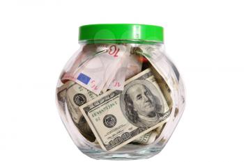 dollars and euro in glass bank(clipping path included)                              