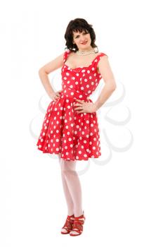 woman pin-up in red dress isolated on white background