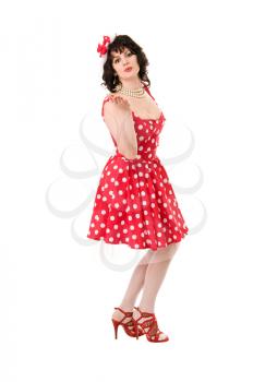 woman pin-up in red dress isolated on white background