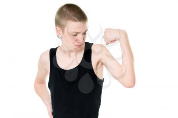 funny skinny teen shows biceps isolated on white background