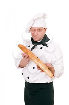 chef with French roll isolated on white background
