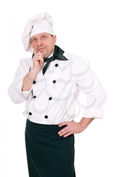 brooding chef looks up isolated on white background