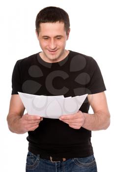 smiling man reading documents isolated on white background