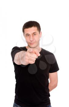 mid adult man shows a hand something isolated on white background