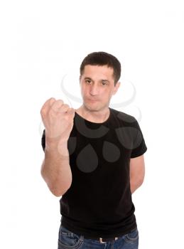mid adult man shows the fist  isolated on white background