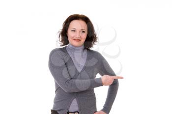 mid adult woman shows a hand something isolated on white background