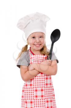 girl chef with large spoon isolated on white background