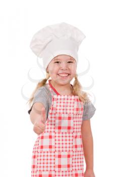 girl in chef's hat shows ok isolated on white background