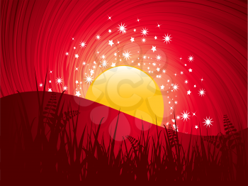 Royalty Free Clipart Image of a Sunset Behind a Wild Landscape