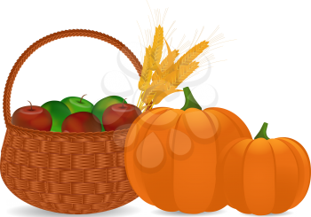 Royalty Free Clipart Image of a Basket of Apples Beside Pumpkins
