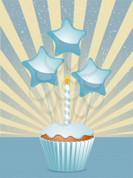 Royalty Free Clipart Image of a Cupcake With a Candle and Balloons