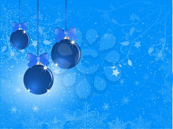 Royalty Free Clipart Image of Blue Baubles on a Floral Background With Snowflakes