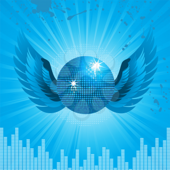 Royalty Free Clipart Image of a Sparkling Blue Disco Ball and Wings