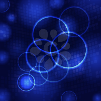 Royalty Free Clipart Image of an Abstract Background With Blue Mosaic and Glowing Rings