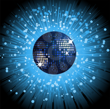 Royalty Free Clipart Image of a Blue Disco Ball With an Explosion of Rays