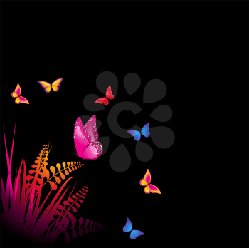 Royalty Free Clipart Image of Butterflies Frolicking Over Ferns and Grass