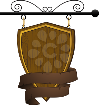 Royalty Free Clipart Image of a Sign Hanging From a Black Ornate Pole