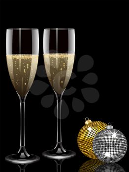 Royalty Free Clipart Image of Two Glasses of Champagne With Christmas Ornaments
