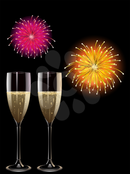 Royalty Free Clipart Image of Glasses of Champagne With Exploding Fireworks