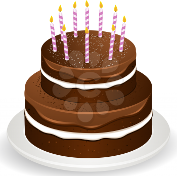 Royalty Free Clipart Image of a Two Tiered Chocolate Cake With Birthday Candles