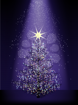 Royalty Free Clipart Image of a Spotlight Shining on a Sparkling Christmas Tree 