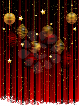 Royalty Free Clipart Image of Baubles and Stars on a Striped Background