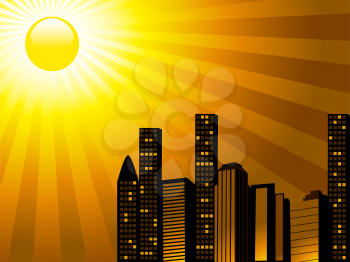 Royalty Free Clipart Image of Sun Setting Over the City