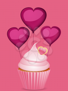 Royalty Free Clipart Image of a Pink Cupcake and Heart Shaped Balloons