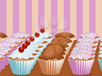 Royalty Free Clipart Image of Rows of Cupcakes on Display