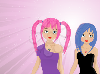 Royalty Free Clipart Image of Two Cute Manga Style Girls