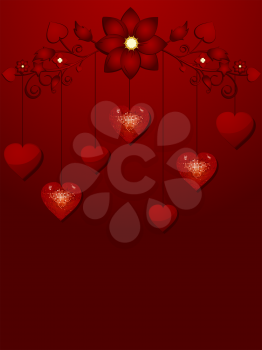 Royalty Free Clipart Image of Sparkling Hearts Dangling From a Floral Flourish