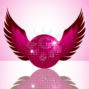 Royalty Free Clipart Image of a Sparkling Pink Disco Ball and Wings