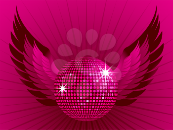 Royalty Free Clipart Image of a Sparkling Pink Disco Ball and Wings