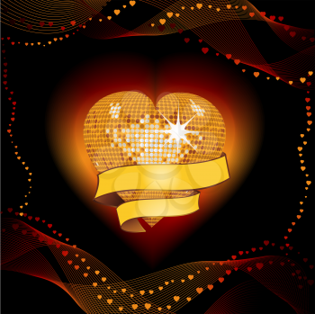 Royalty Free Clipart Image of a Sparkling Gold Disco Heart With a Banner and Waves