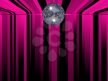 Royalty Free Clipart Image of a Sparkling Disco Ball on a Black and Pink Striped Background