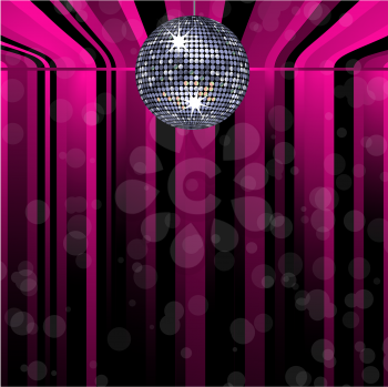 Royalty Free Clipart Image of a Sparkling Disco Ball on a Black and Pink Striped Background